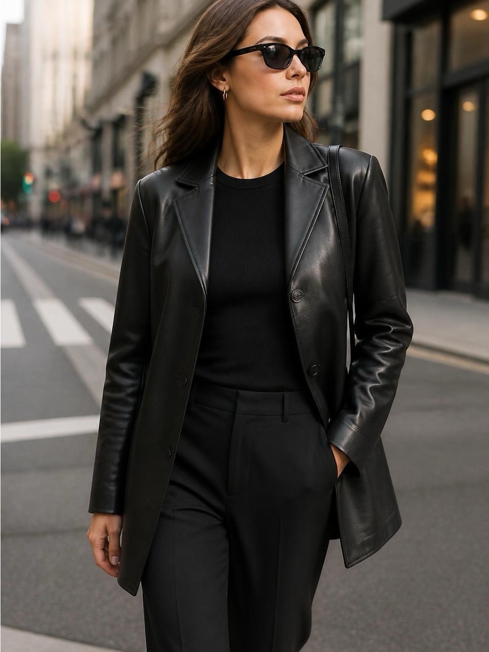 T TAHARI Women’s Real Black Leather Long Button-Front Coat